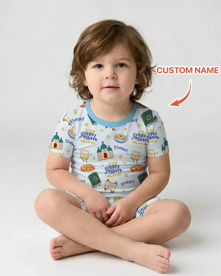 Custom name "Pesach Sameach" Bamboo Two Piece Short Sleeve Shorts Pajama Set