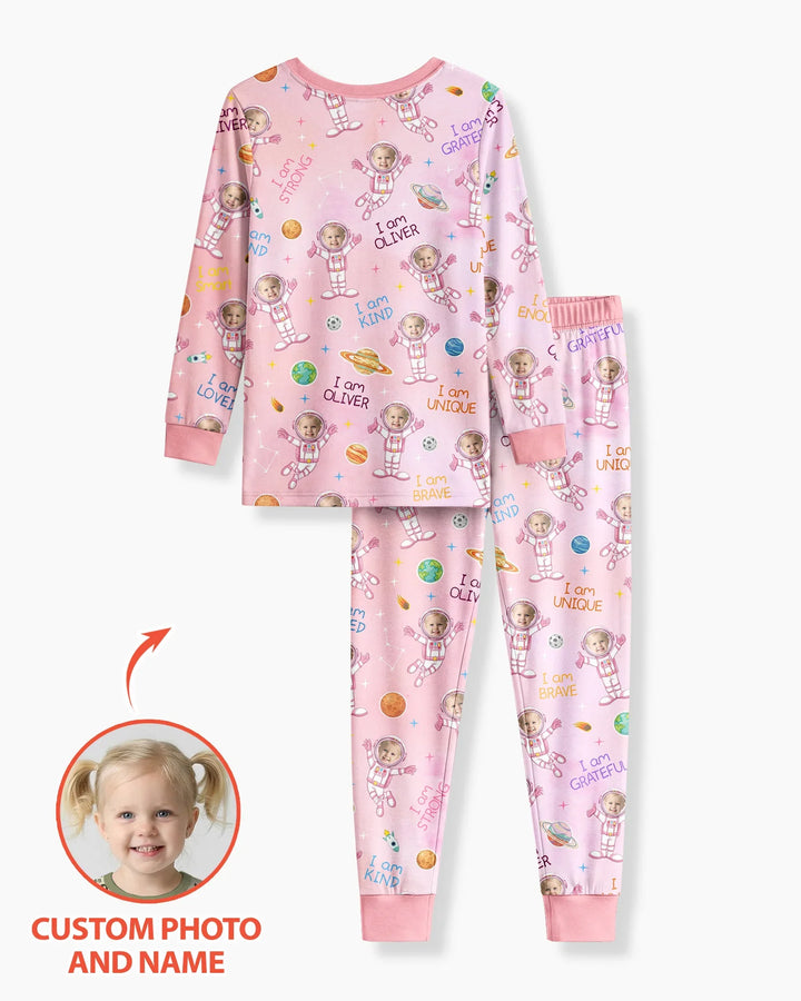 Custom Photo Kid Affirmations I Am Kind Astronaut Bamboo Two Piece Long Sleeve Pajama Set