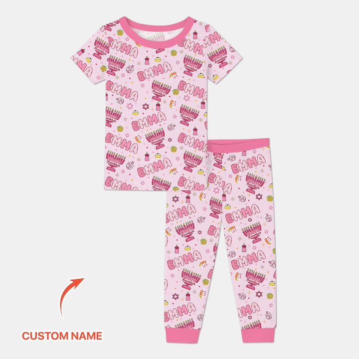 Custom name Happy Hanukkah 2025 Bamboo Two Piece Short Sleeve Pajama Set