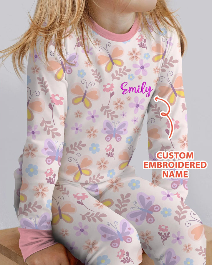 Custom Embroidered Name Butterfly Bamboo Two Piece Long Sleeve Pajama Set
