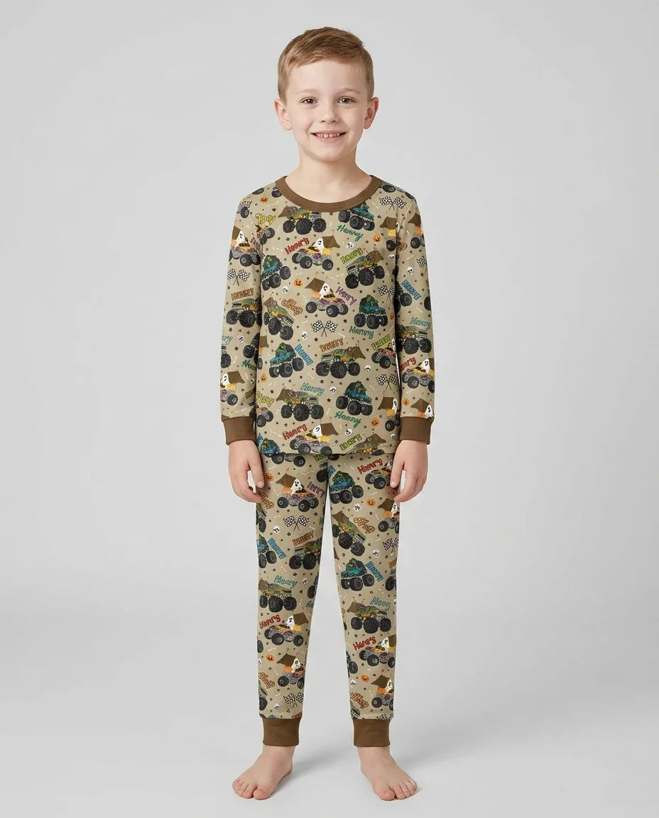 Custom Name Halloween Creepy Crusher Family Matching Bamboo Two Piece Long Sleeve Pajama Set