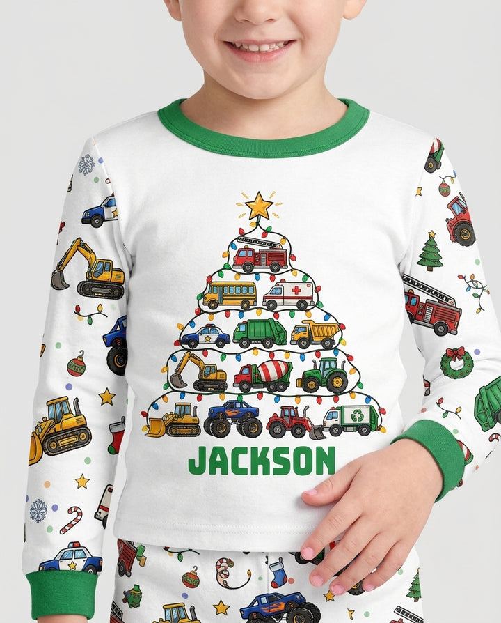 Custom Name Little Trucks Christmas Tree Bamboo Two Piece Long Sleeve Pajama Set