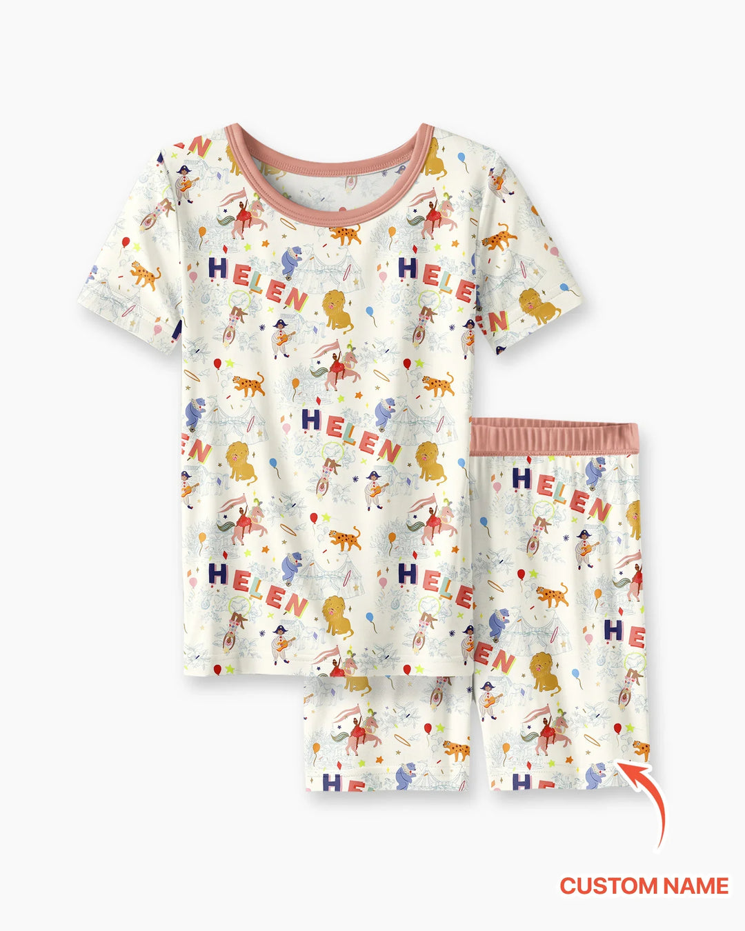 Custom Name Circus Toile Bamboo Two Piece Short Sleeve Shorts Pajama Set