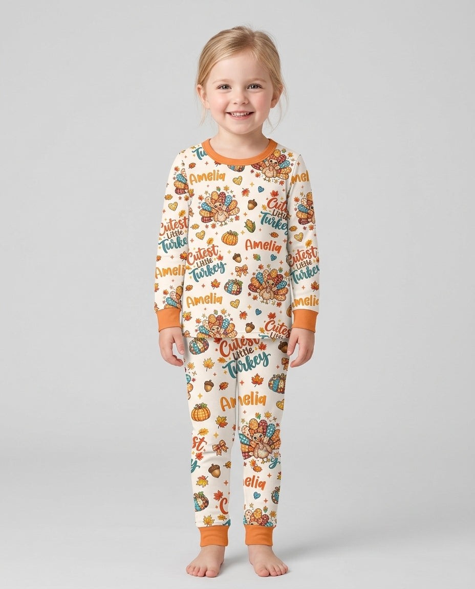 Custom Name Cutest Little Turkey Bamboo Two Piece Long Sleeve Pajama Set