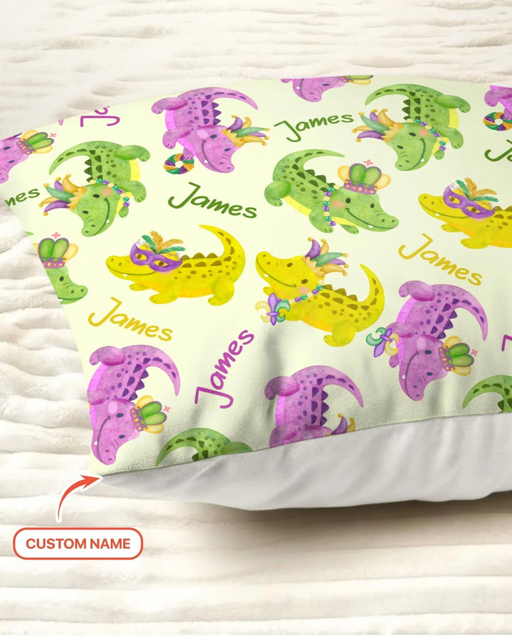 Custom Name Mardi Gras Alligator Bamboo Pillow Case