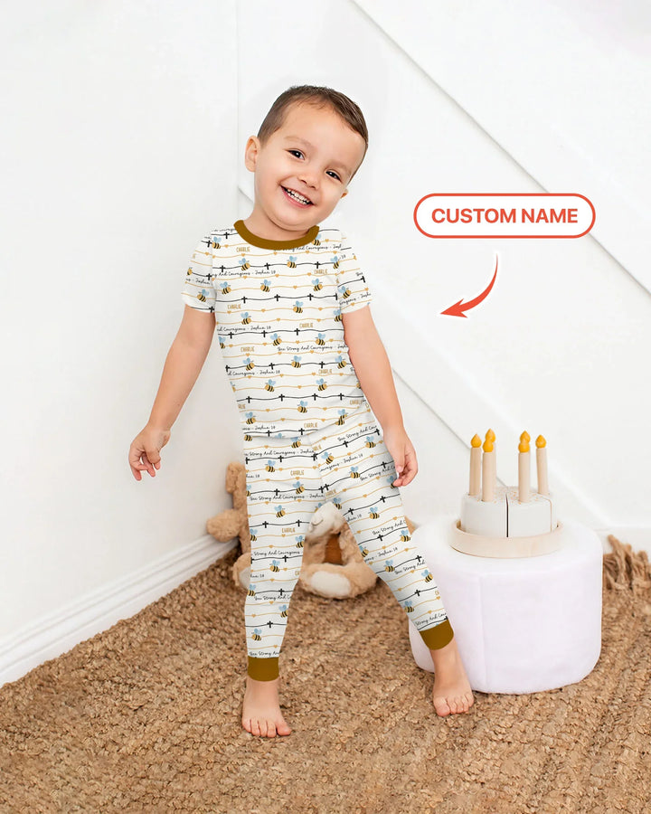 Bee Strong And Courageous Custom Name Bamboo Two Piece Short Sleeve Pajama Set