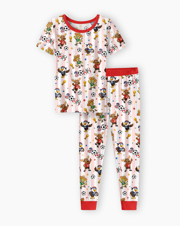 Striped Cute Mascots Soccer Cup 2026 Bamboo Two Piece Short Sleeve Pajama Set