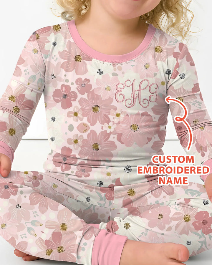 Custom Embroidered Name Floral Bamboo Two Piece Long Sleeve Pajama Set