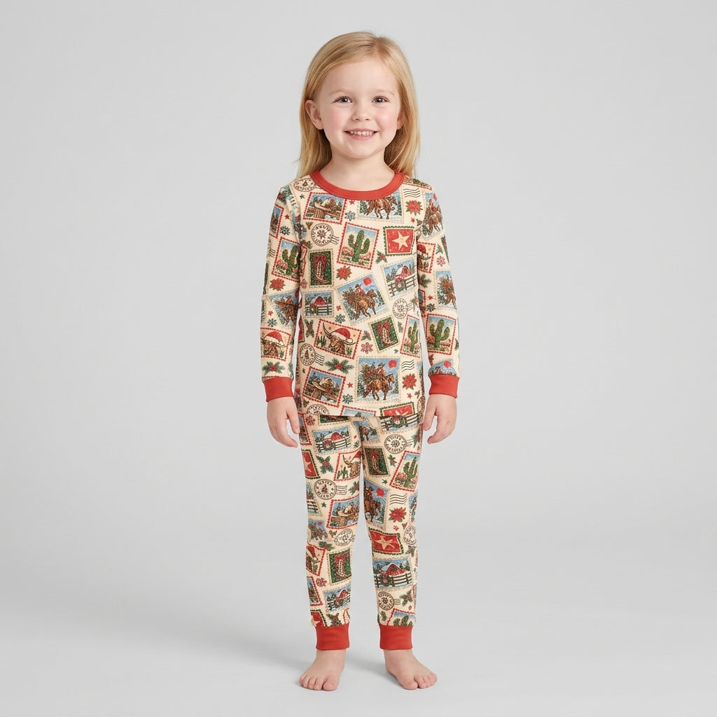 Western Christmas Stamps Bamboo Two Piece Long Sleeve Pajama Set