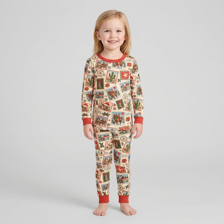 Western Christmas Stamps Bamboo Two Piece Long Sleeve Pajama Set