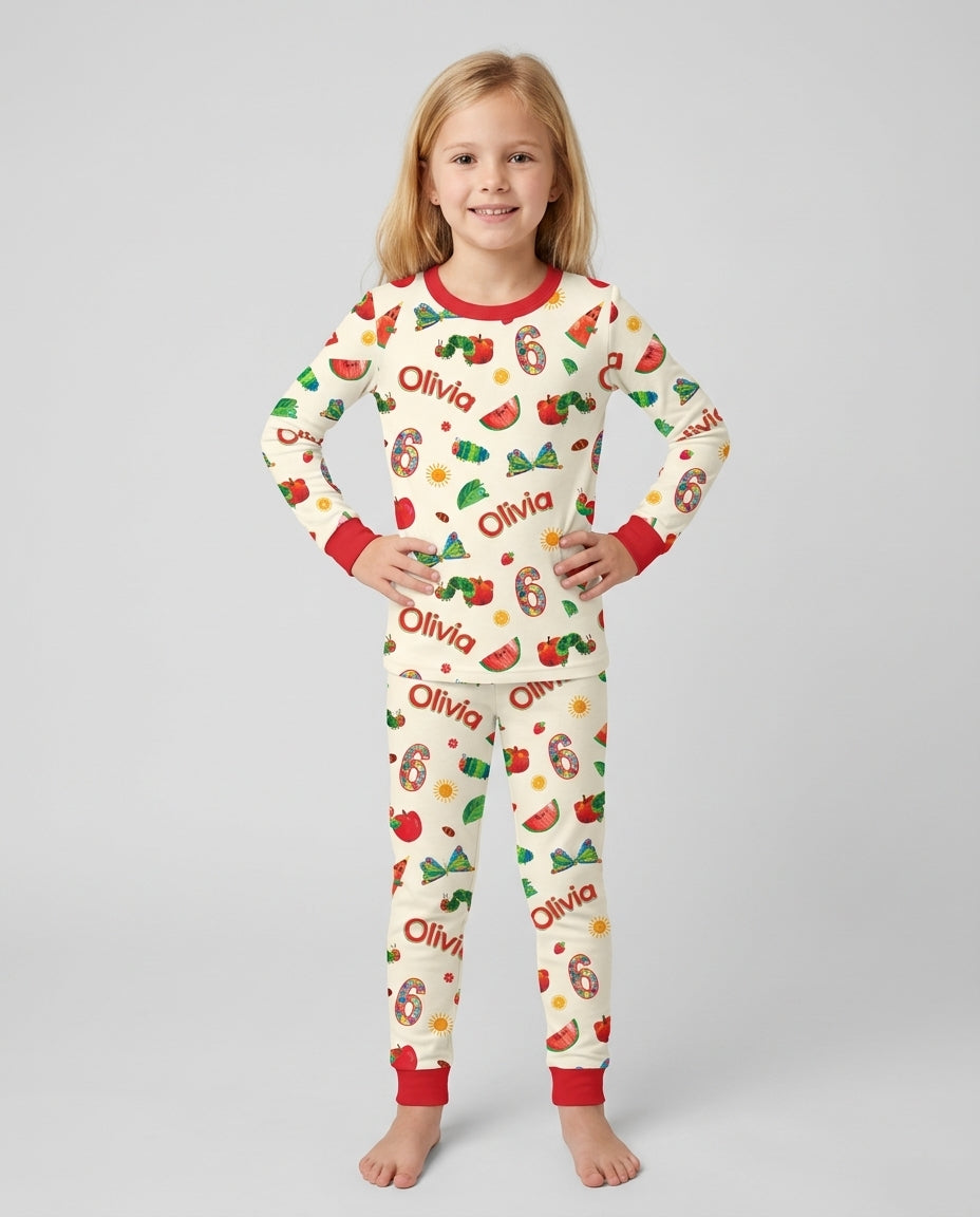 Custom Name and Age Birthday Of Very Hungry Caterpillar Bamboo Two Piece Long Sleeve Pajama Set