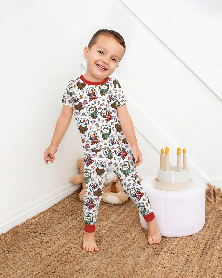 Happy 250th America Cute Patriotic Eagles Family Matching Bamboo Two Piece Short Sleeve Pajama Set