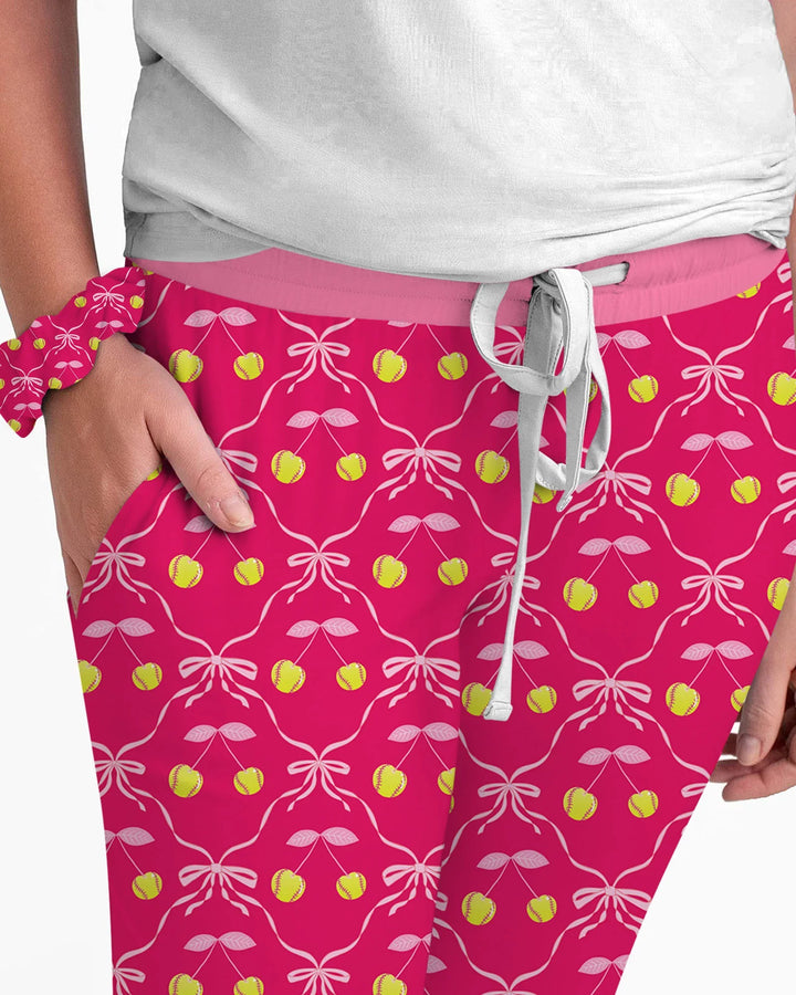 Cherry Baseball Softball Mom and Girl Matching Bamboo Women Pajama Set