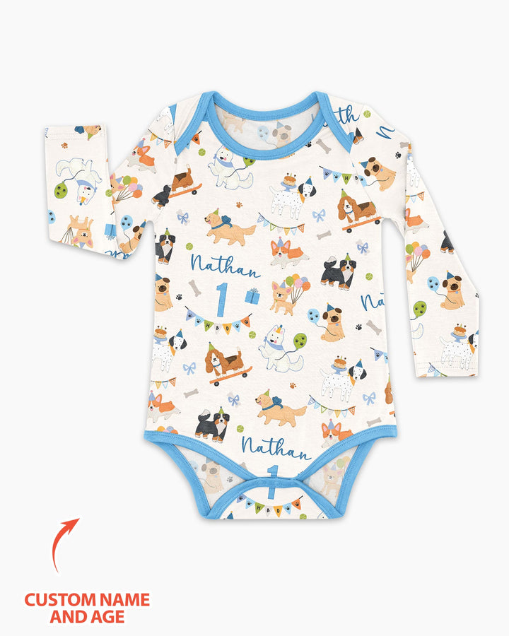 Custom Name Birthday Dogs Party Bamboo Bodysuit