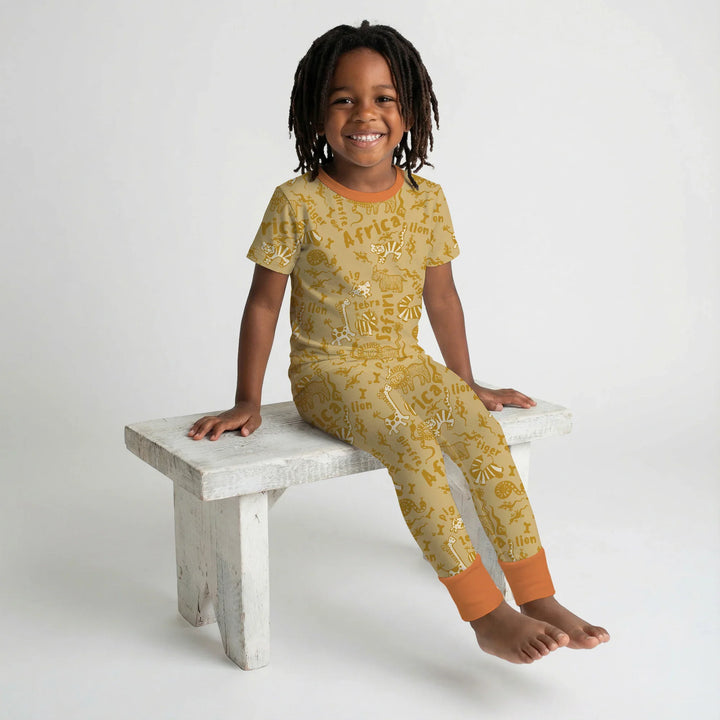 Handdrawn African Animals Bamboo Two Piece Short Sleeve Pajama Set