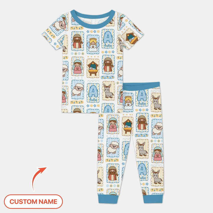 Custom Name Christmas Nativity Bamboo Two Piece Short Sleeve Pajama Set