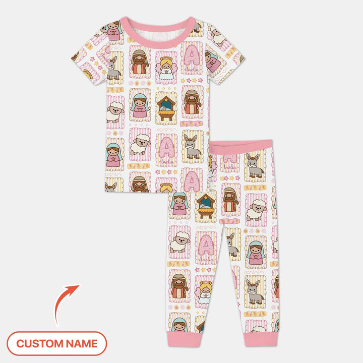 Custom Name Christmas Nativity Bamboo Two Piece Short Sleeve Pajama Set