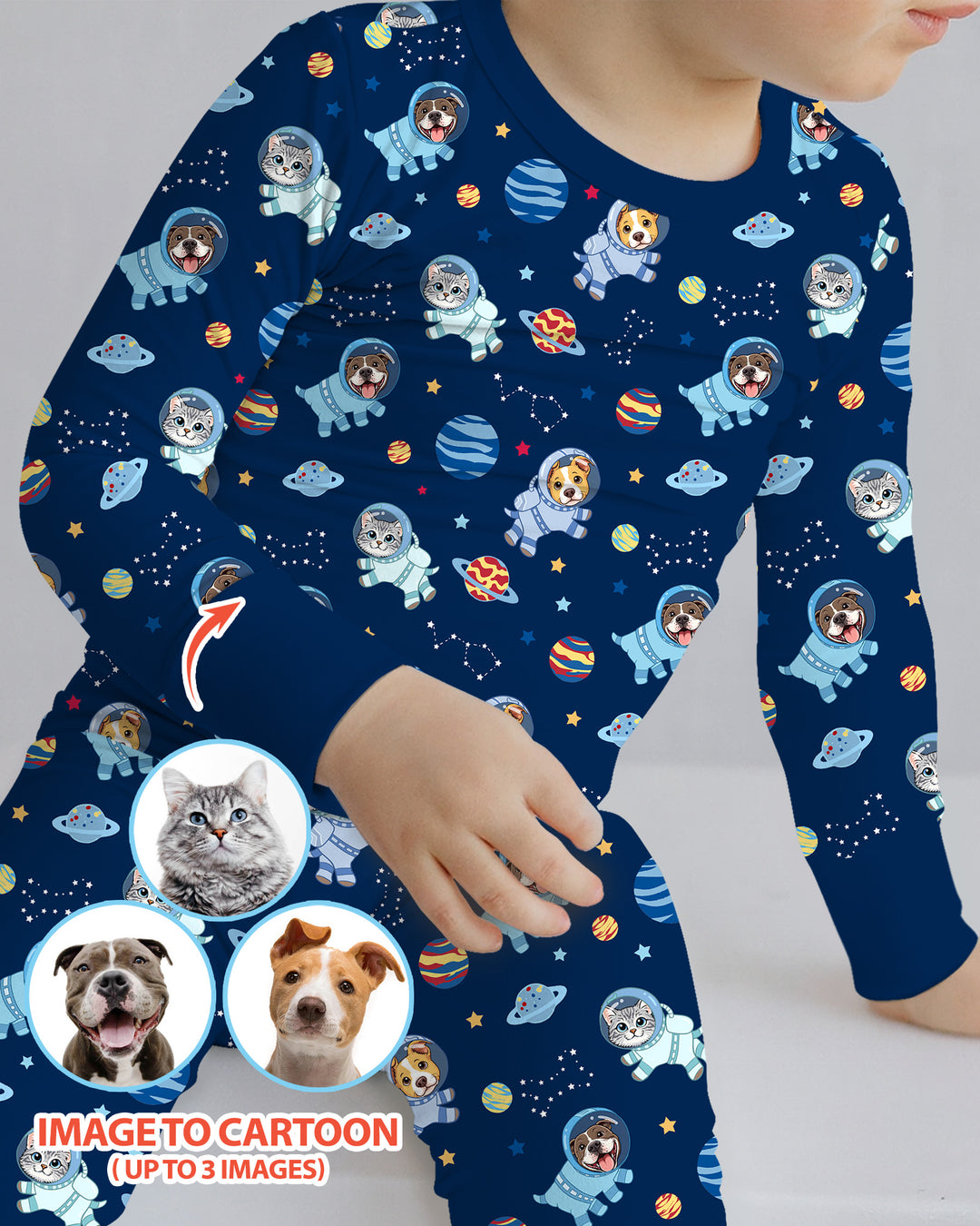 Astronaut Custom Pet Image Family Matching Bamboo Two Piece Long Sleeve Pajama Set
