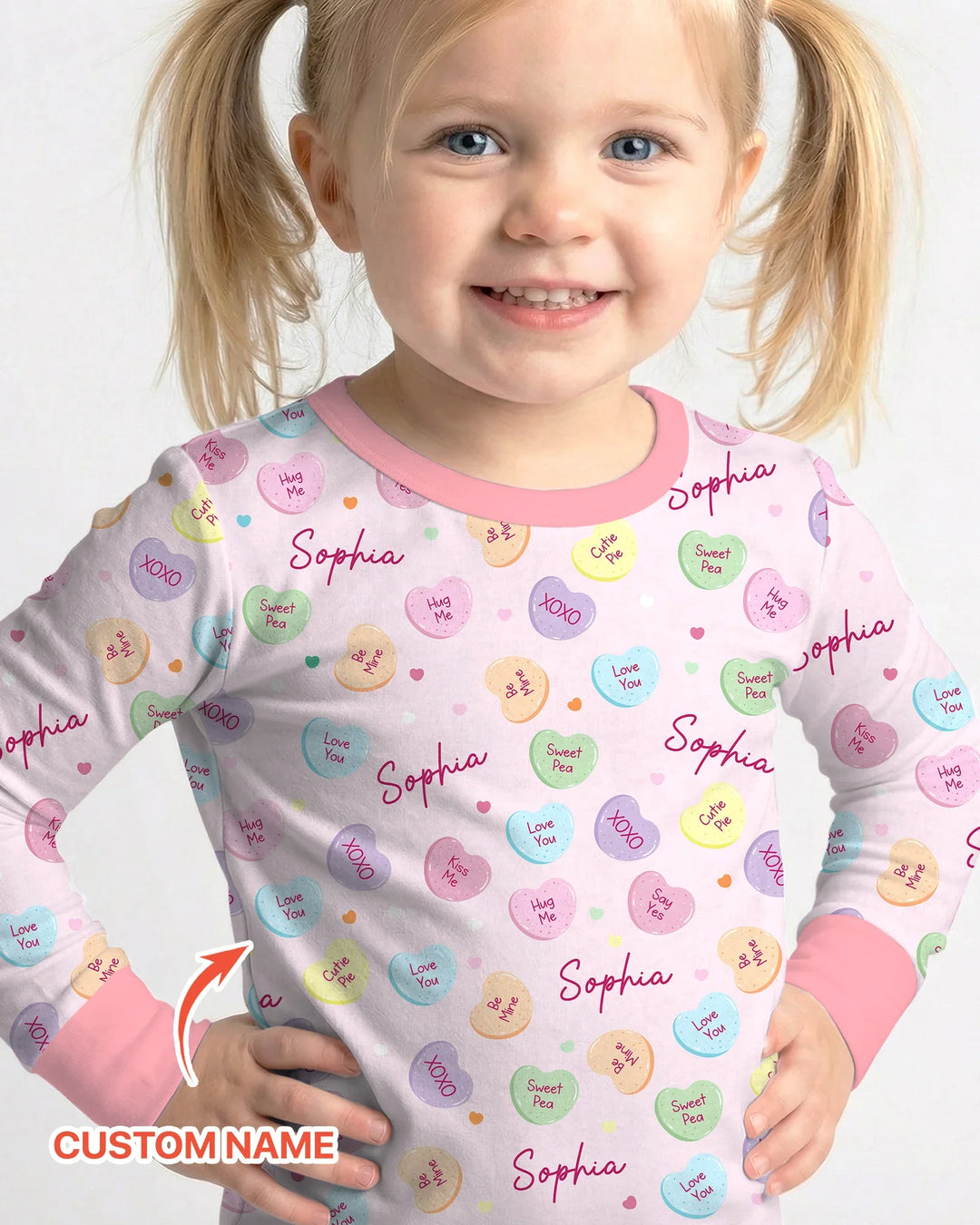 Custom Name Colorful Candy Hearts Family Matching Bamboo Two Piece Long Sleeve Pajama Set