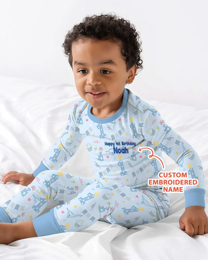 Personalized 1st Birthday Boy Embroidered Baby Bamboo Two Piece Long Sleeve Pajama Set