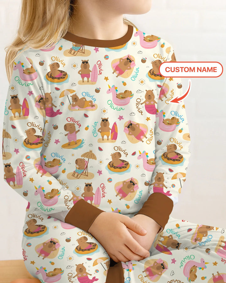 Don't Worry, Be Capy Custom Name Bamboo Two Piece Long Sleeve Pajama Set