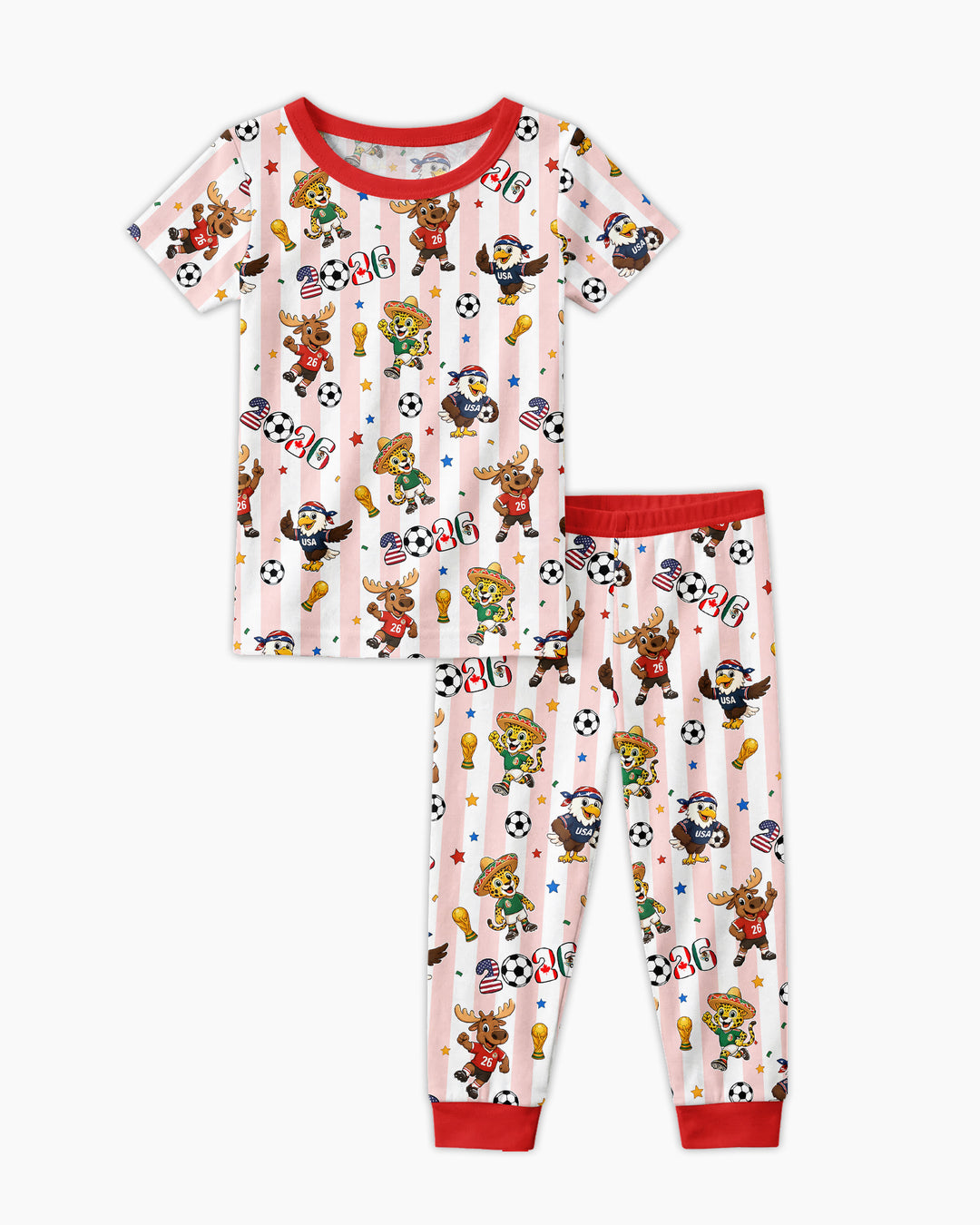 Striped Cute Mascots Soccer Cup 2026 Bamboo Two Piece Short Sleeve Pajama Set