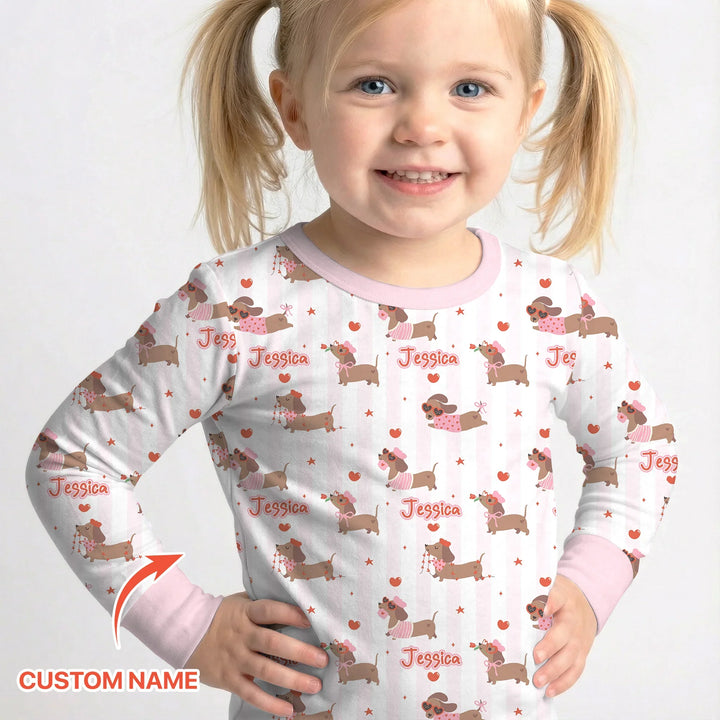 Custom Name Valentine Dachshund Family Matching Bamboo Two Piece Long Sleeve Pajama Set