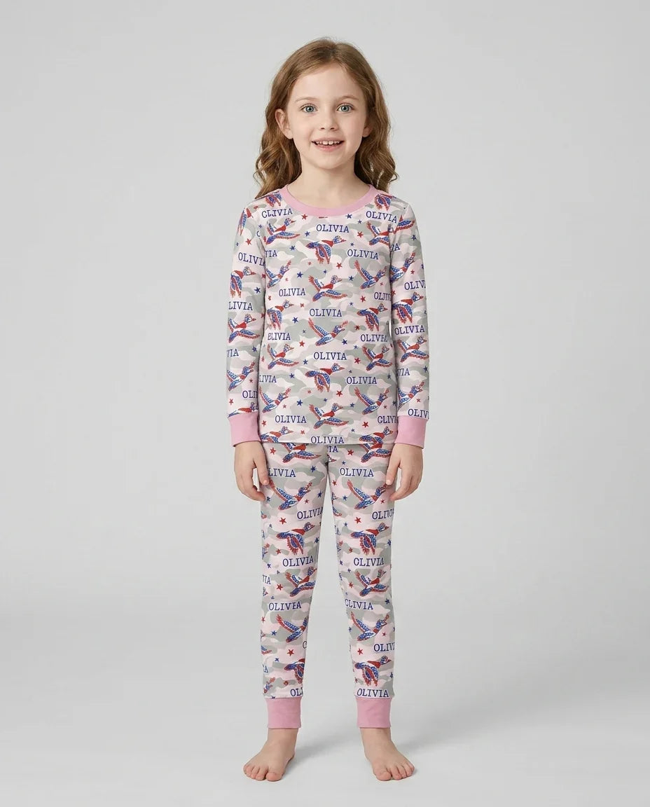 Custom Name America Mallard Duck Family Matching Bamboo Two Piece Long Sleeve Pajama Set