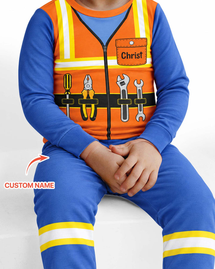 Construction Worker Custom Name Bamboo Two Piece Long Sleeve Pajama Set