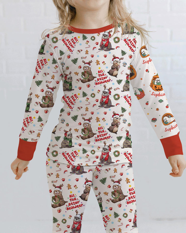 All The Otter Reindeer Bamboo Two Piece Long Sleeve Pajama Set