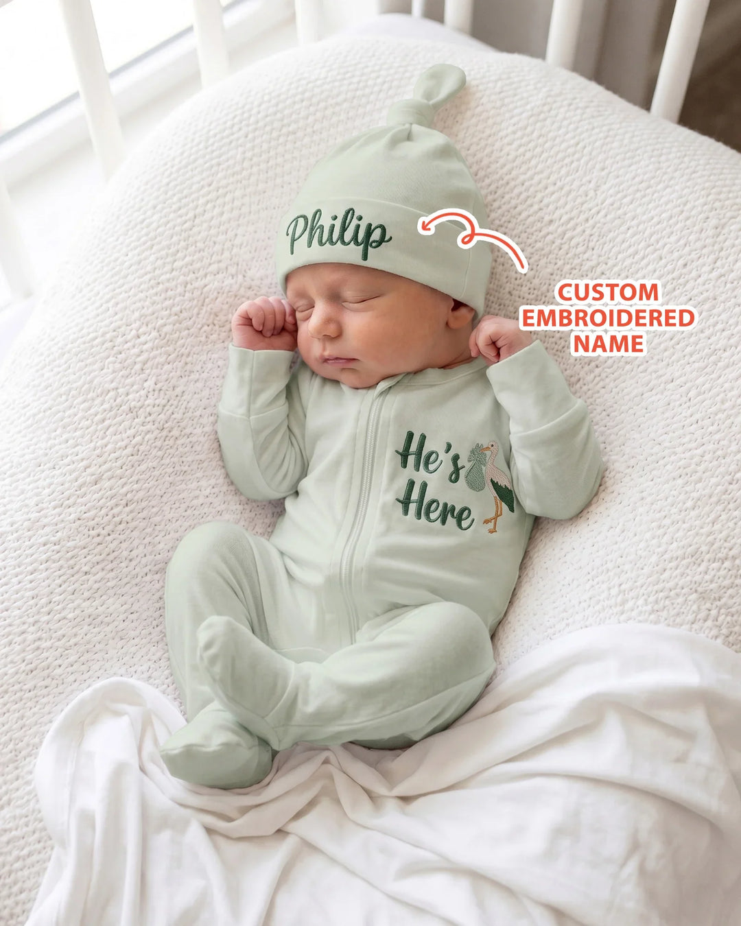 Personalized He's Here Embroidered Bamboo Hat