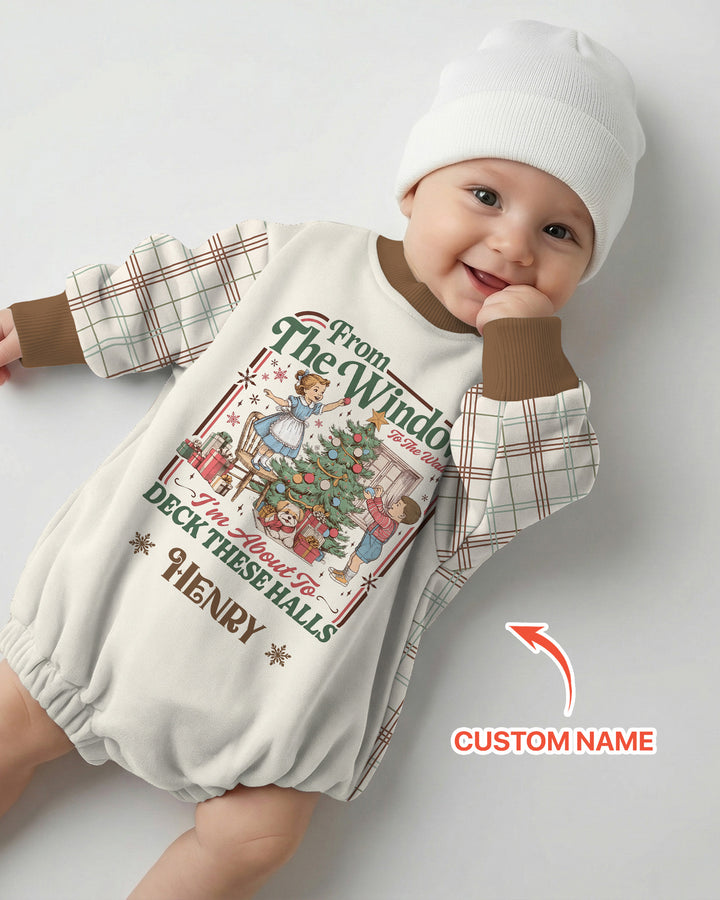 Custom Name Vintage Deck The Halls Bamboo Bubble Romper