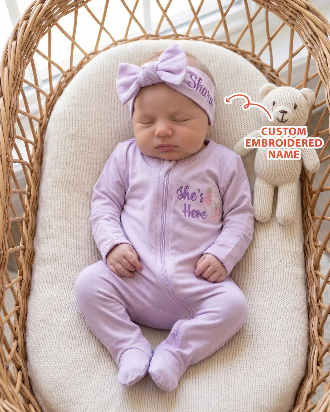 Personalized She's Here Embroidered Bamboo Zipper Footie