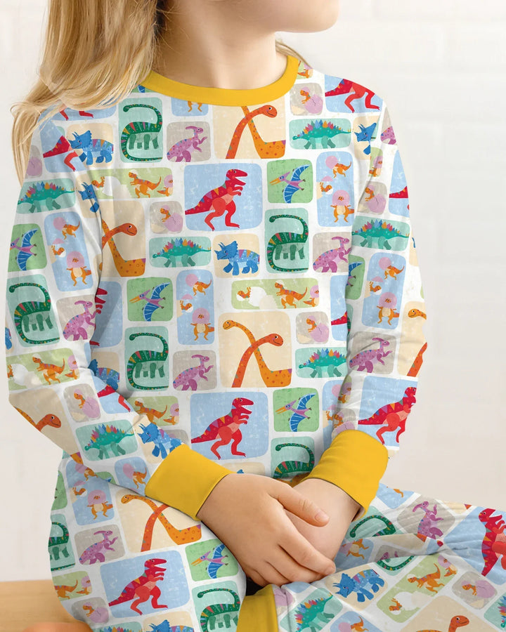 Rainbow Dino Friends Family Matching Bamboo Two Piece Long Sleeve Pajama Set