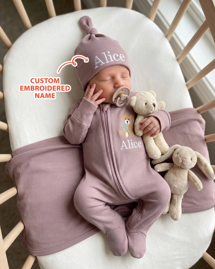 Personalized Teddy Bear Embroidered Ribbed Bamboo Welcome Home Bundle