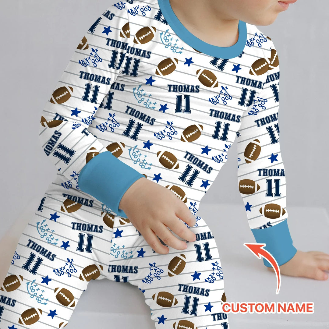 Custom Name Football Time Bamboo Two Piece Long Sleeve Pajama Set