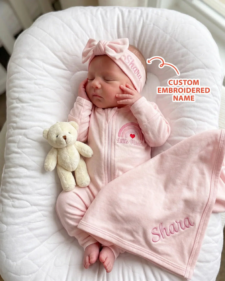 Personalized Little Miracle Pink Embroidered Bamboo Headband