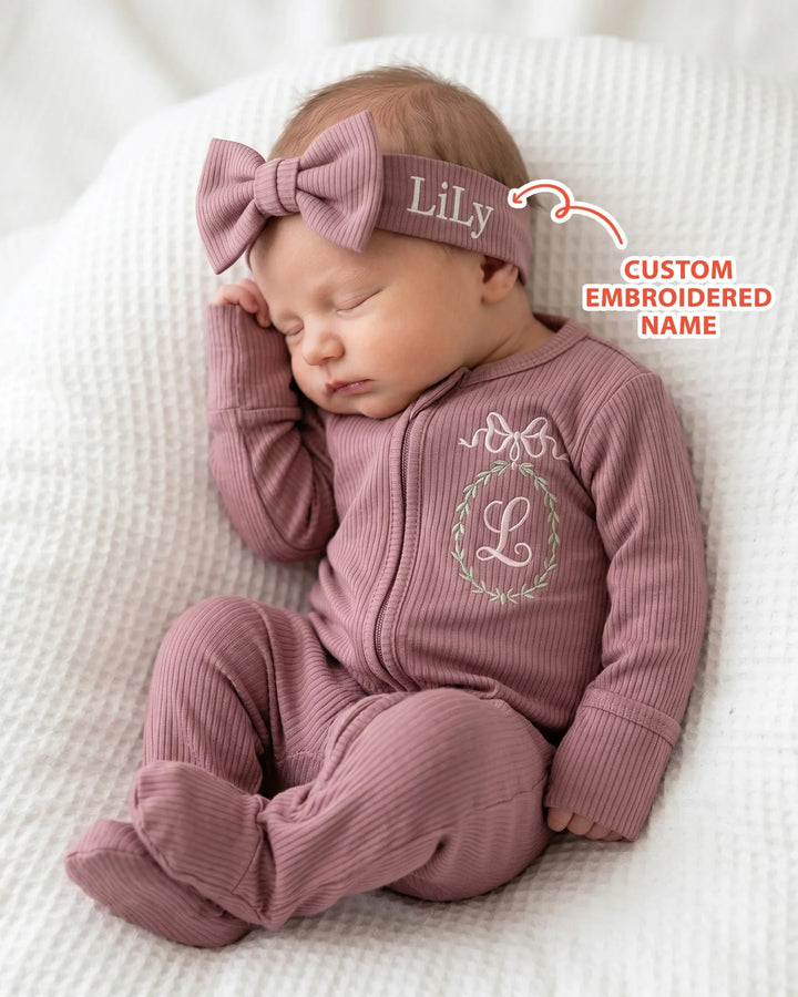 Custom Name Bow Wreath Embroidered Ribbed Bamboo Welcome Home Bundle