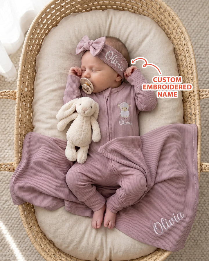 Personalized Baby Sheep Embroidered Ribbed Bamboo Welcome Home Bundle