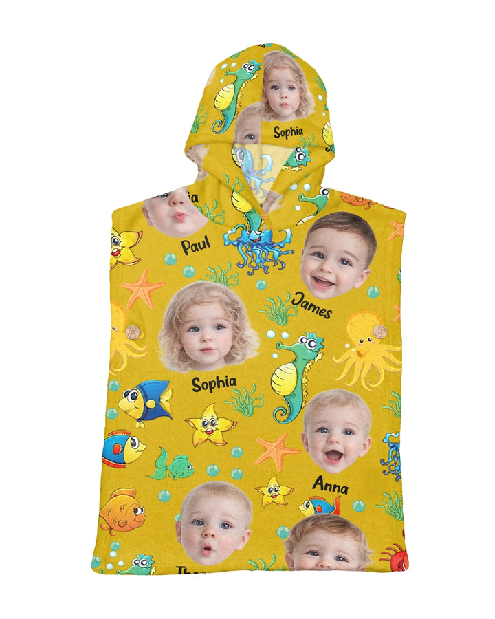 Custom Photo Cute Kid Face Watercolor Sea Creatures Summery Bamboo Swim Poncho
