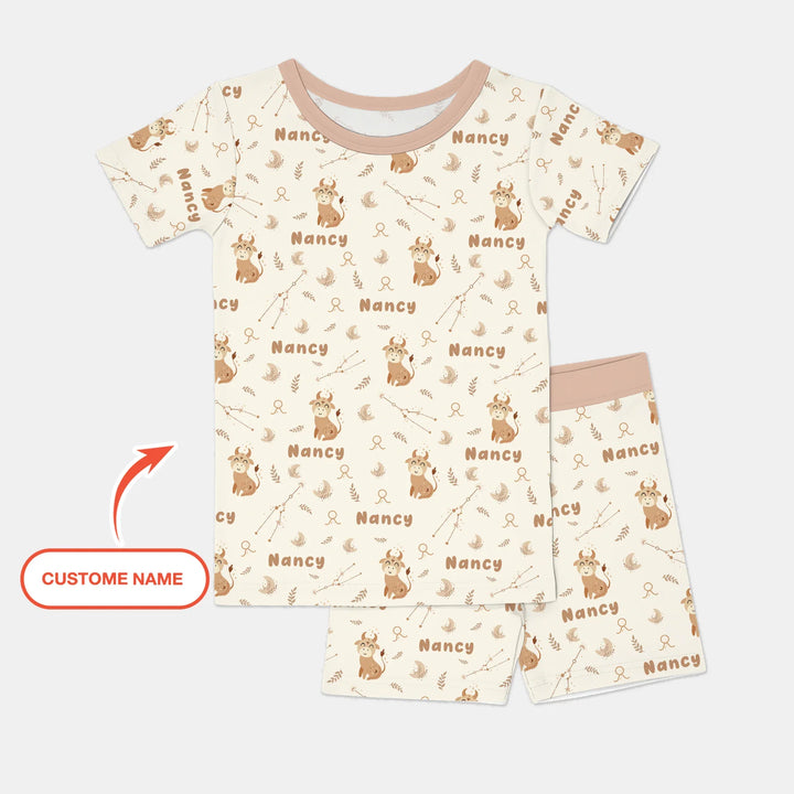 Bohemian Baby Zodiac Signs Custom Name Bamboo Two Piece Short Sleeve Shorts Pajama Set