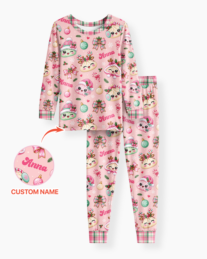 Custom Name Kawaii Christmas Dumpling Bamboo Two Piece Long Sleeve Pajama Set