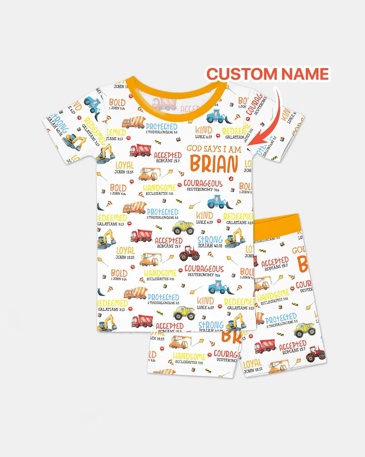 Personalized God Says I Am Little Builder Bamboo Two Piece Short Sleeve Shorts Pajama Set
