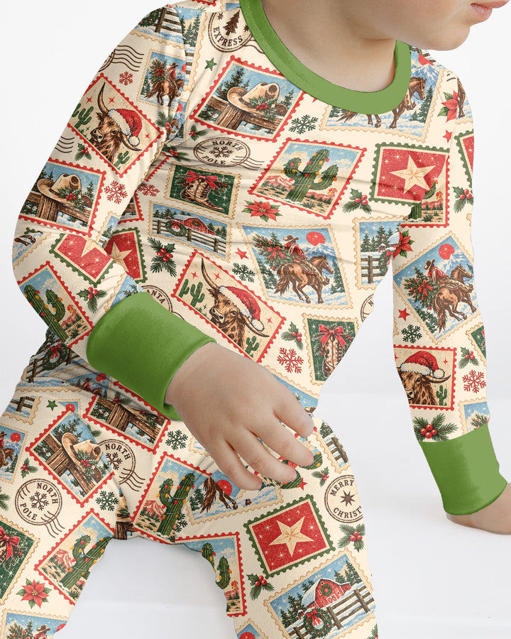 Western Christmas Stamps Bamboo Two Piece Long Sleeve Pajama Set