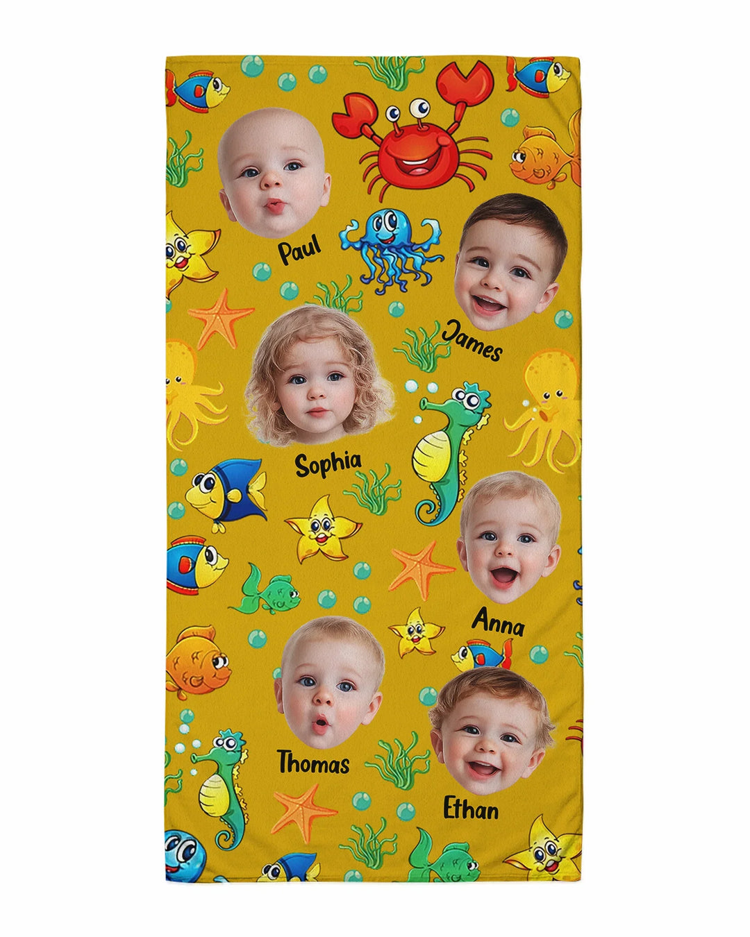 Custom Photo Cute Kid Face Watercolor Sea Creatures Summery Bamboo Beach Towel