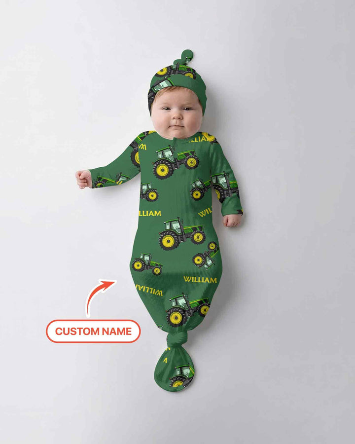 Custom Name Green Tractors Matching Daddy & Me Bamboo Knot Gown