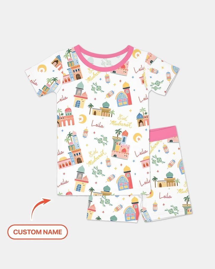 Eid Mubarak Custom Name Bamboo Two Piece Short Sleeve Shorts Pajama Set