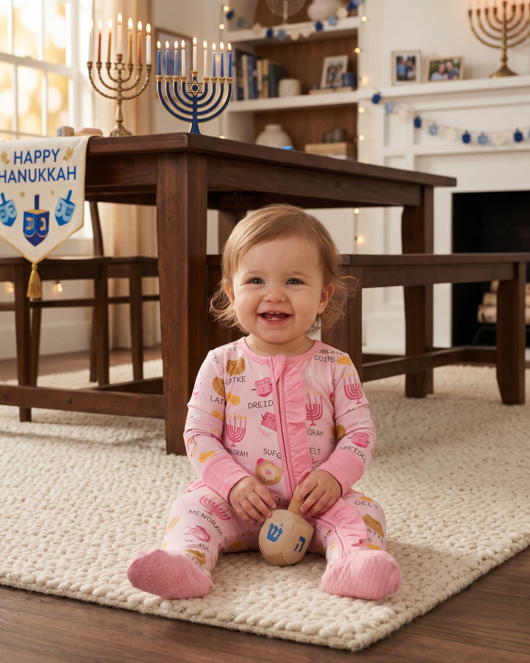 Family Hanukkah Matching Bamboo Zipper Ruffle Footie