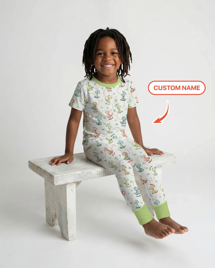 Personalized Dino Friends Bamboo Two Piece Short Sleeve Pajama Set