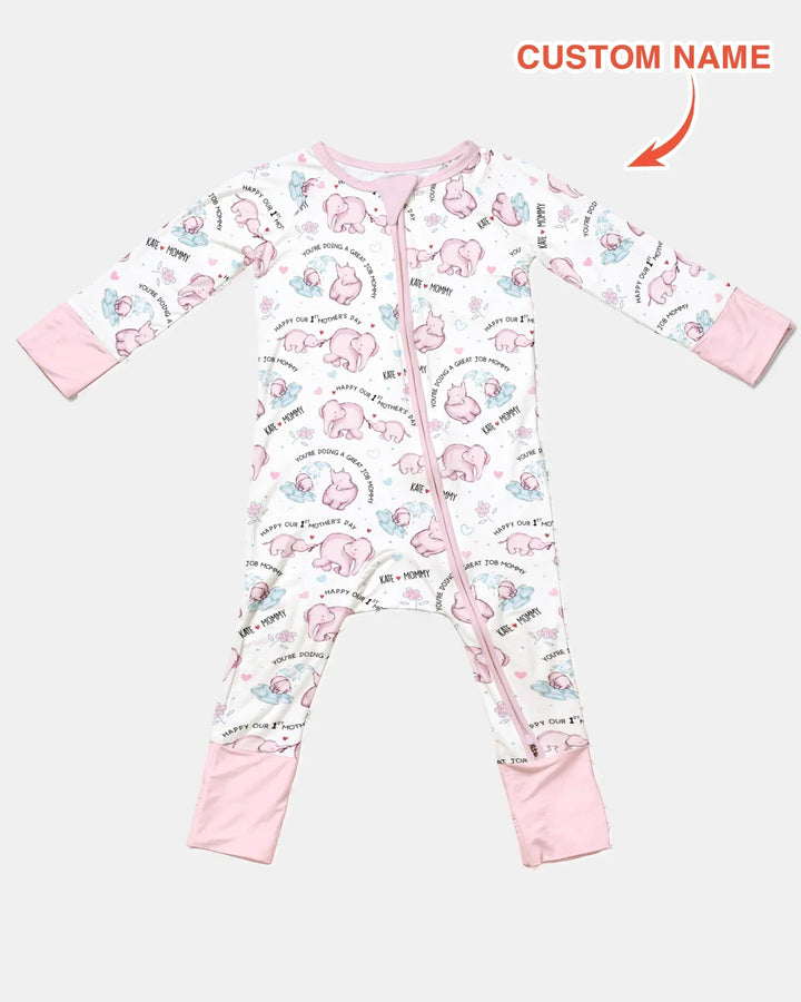 Custom Name Mother & Baby Elephant Bamboo Convertible Zippy